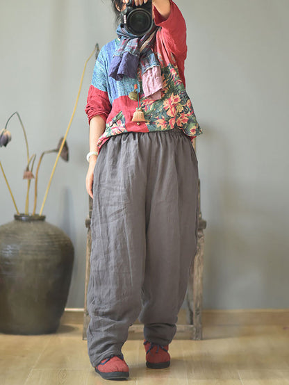 Women Autumn Rero Solid Linen Padded Harem Pants AH1053