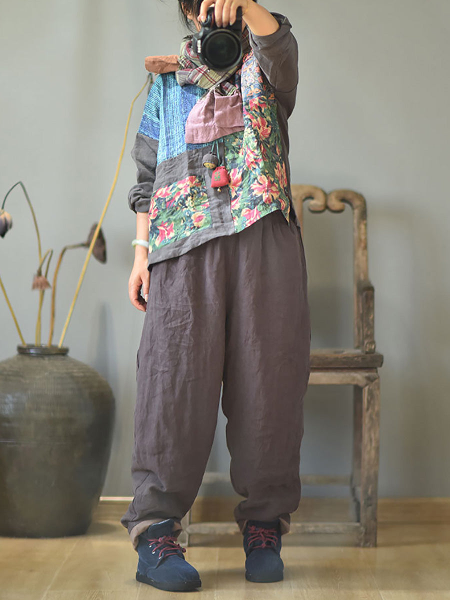 Women Autumn Rero Solid Linen Padded Harem Pants AH1053