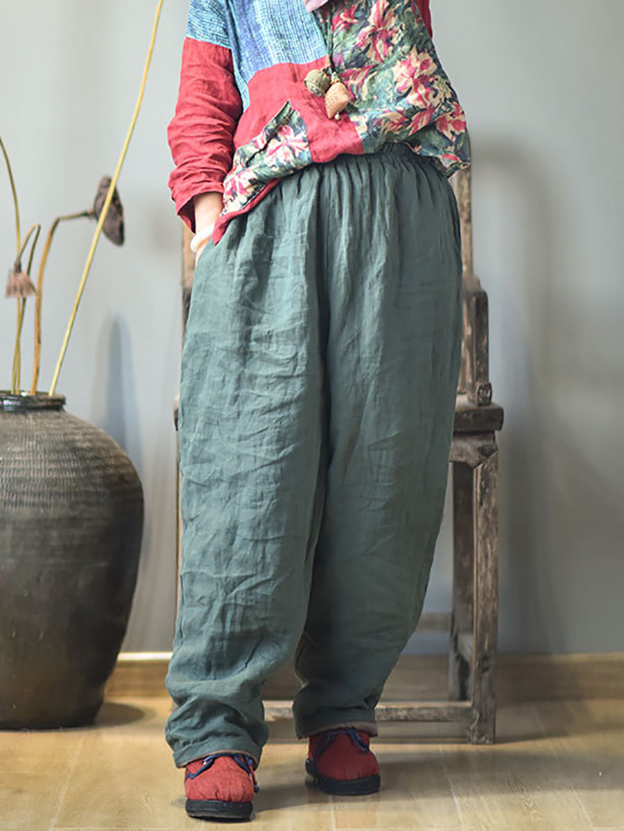 Women Autumn Rero Solid Linen Padded Harem Pants AH1053