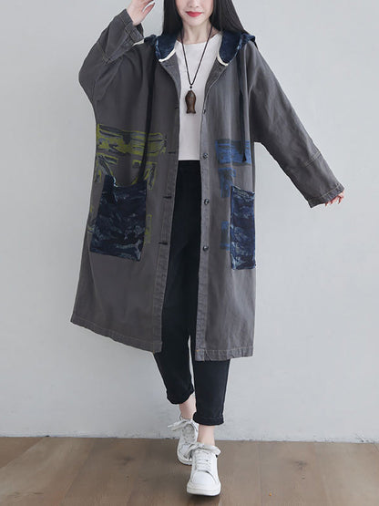 Women Autumn Artsy Colorblock Cotton Hooded Coat AH1030