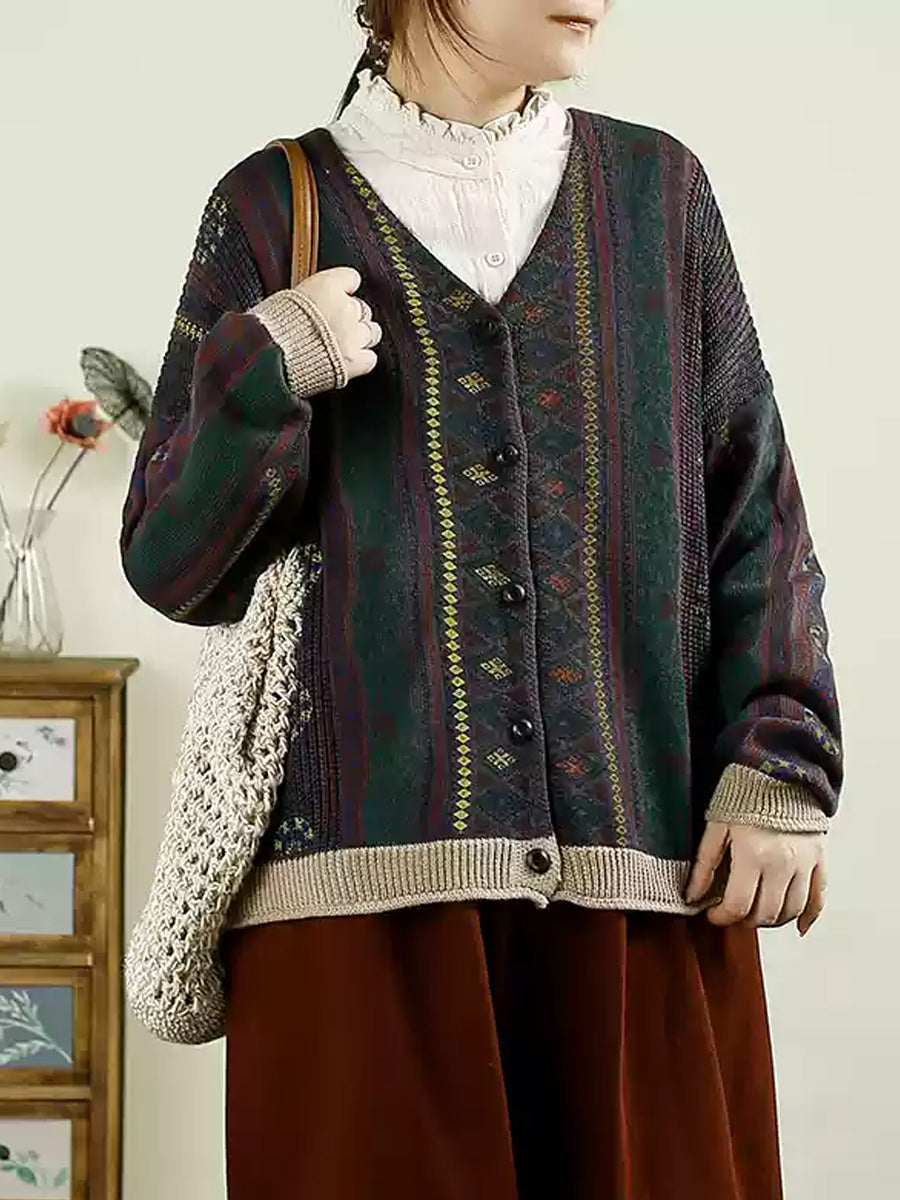 Women Autumn Casual Colorblock Knit V-Neck Cardigan Sweater AH1040