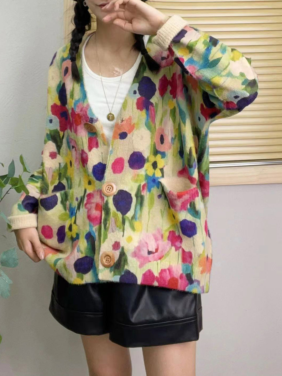 Women Autumn Floral V-Neck Knit Sweater AH1048