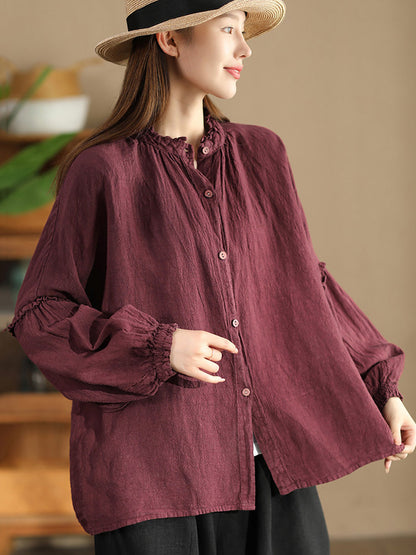 Women Autumn Vintage Solid Stand Collar Button Blouse AH1007