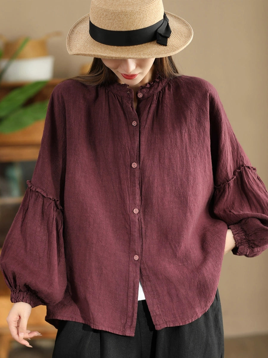 Women Autumn Vintage Solid Stand Collar Button Blouse AH1007