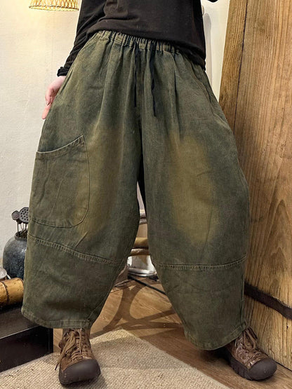 Women Autumn Retro Solid Denim Pocket Harem Pants AH1056