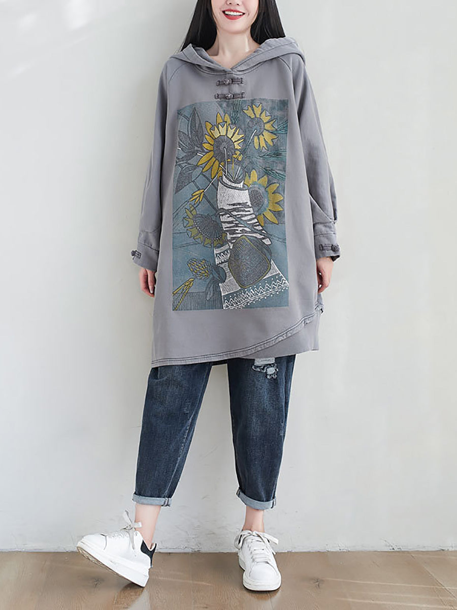 Women Artsy Autumn Sunflower Spliced Hooded Cotton Dress AH1028