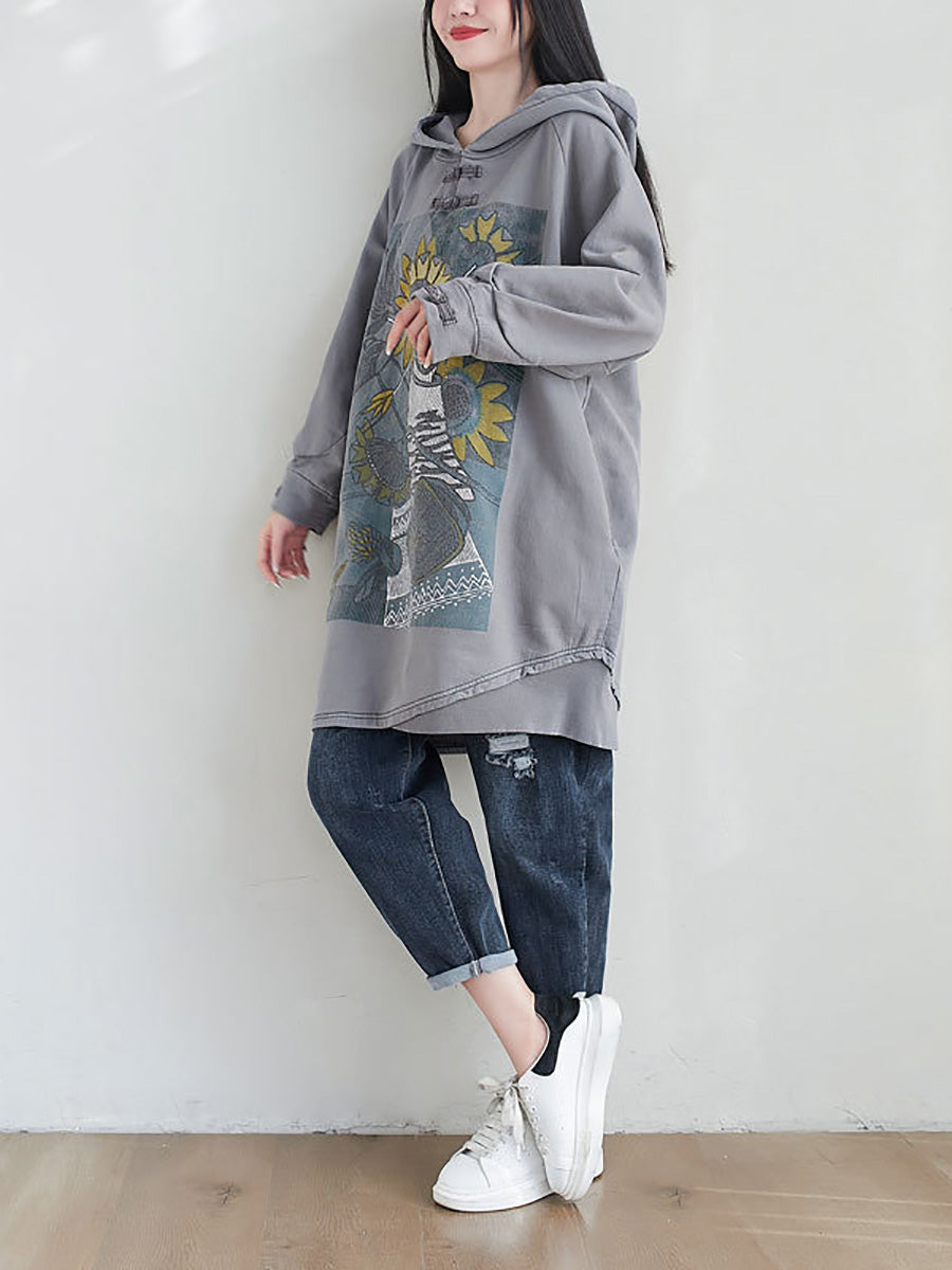 Women Artsy Autumn Sunflower Spliced Hooded Cotton Dress AH1028