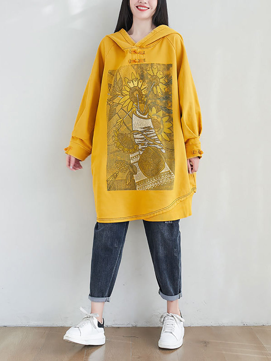 Robe à capuche en coton épissée à motif tournesol pour femme, style artistique, automne, AH1028 