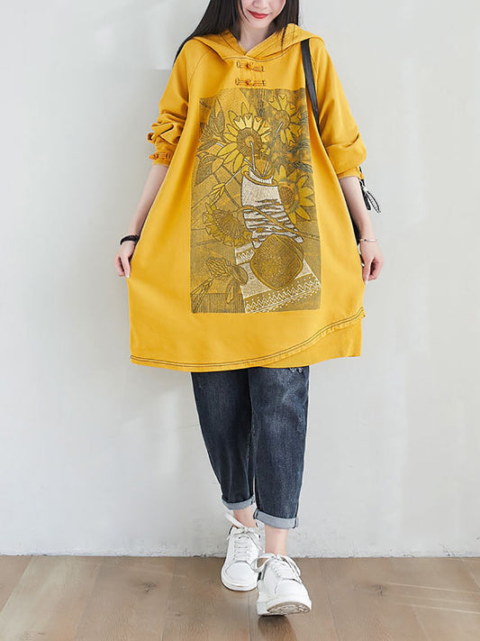 Women Artsy Autumn Sunflower Spliced Hooded Cotton Dress AH1028