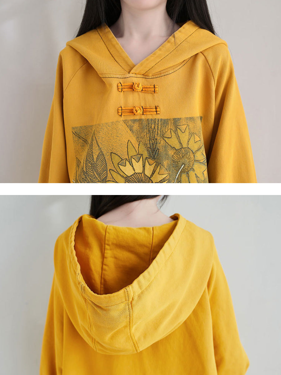 Women Artsy Autumn Sunflower Spliced Hooded Cotton Dress AH1028