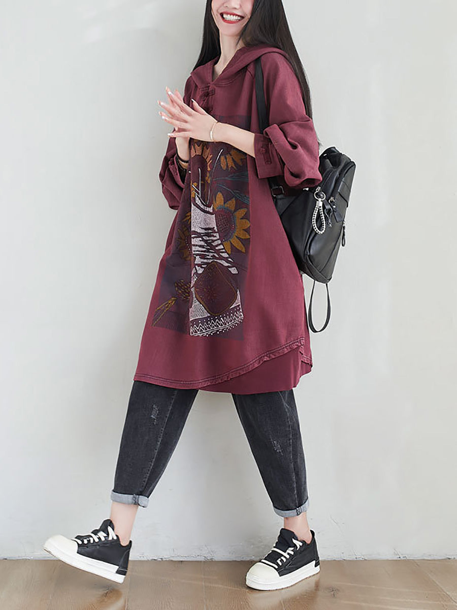 Women Artsy Autumn Sunflower Spliced Hooded Cotton Dress AH1028