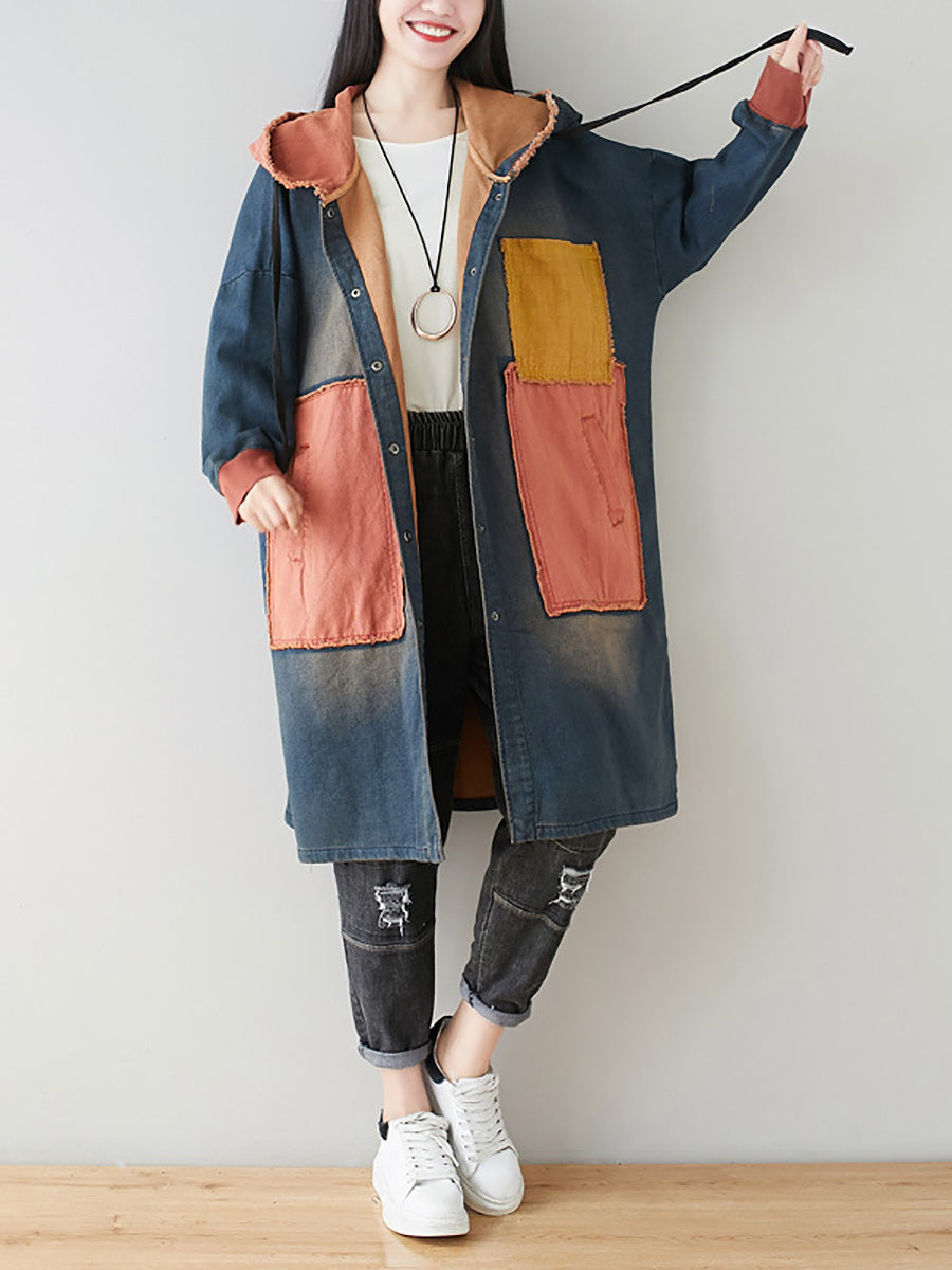 Women Autumn Artsy Colorblock Denim Hooded Coat AH1031