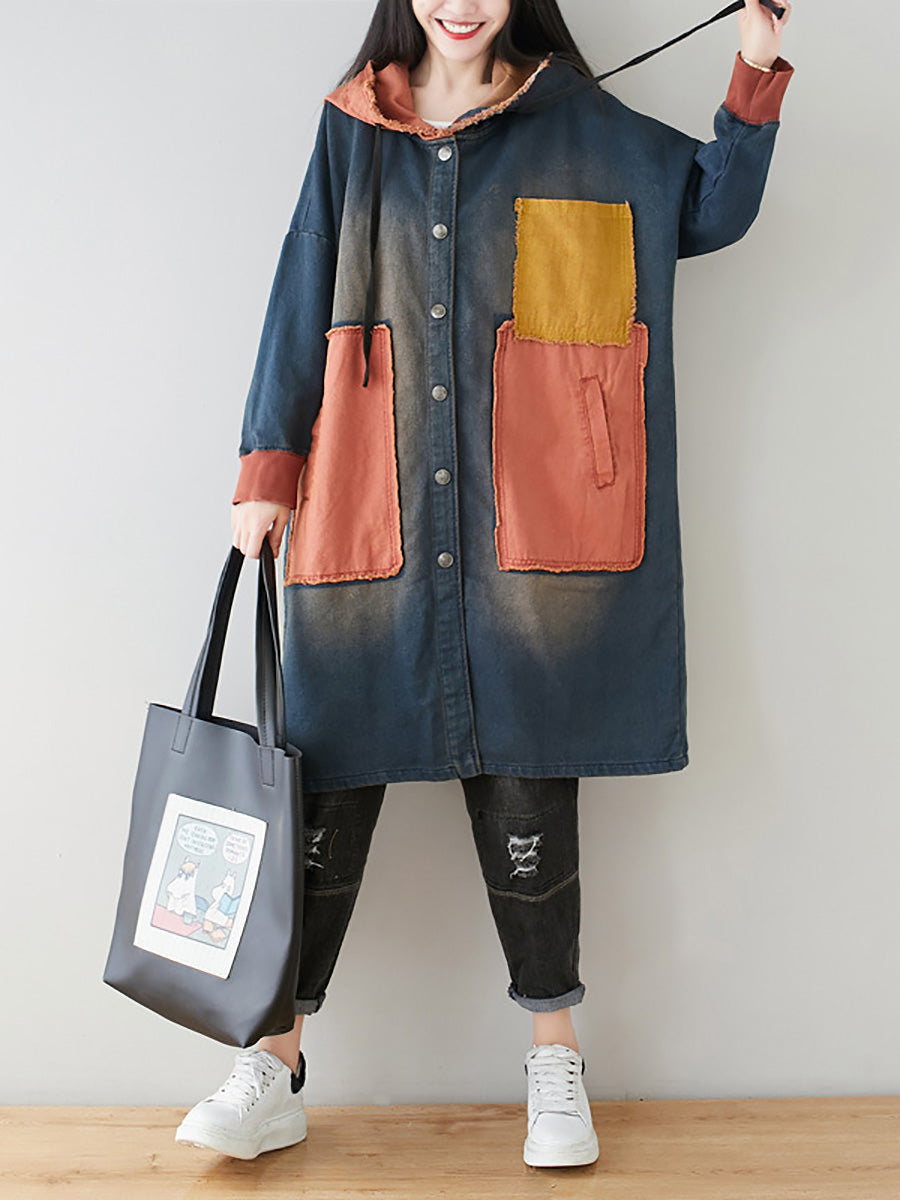 Women Autumn Artsy Colorblock Denim Hooded Coat AH1031