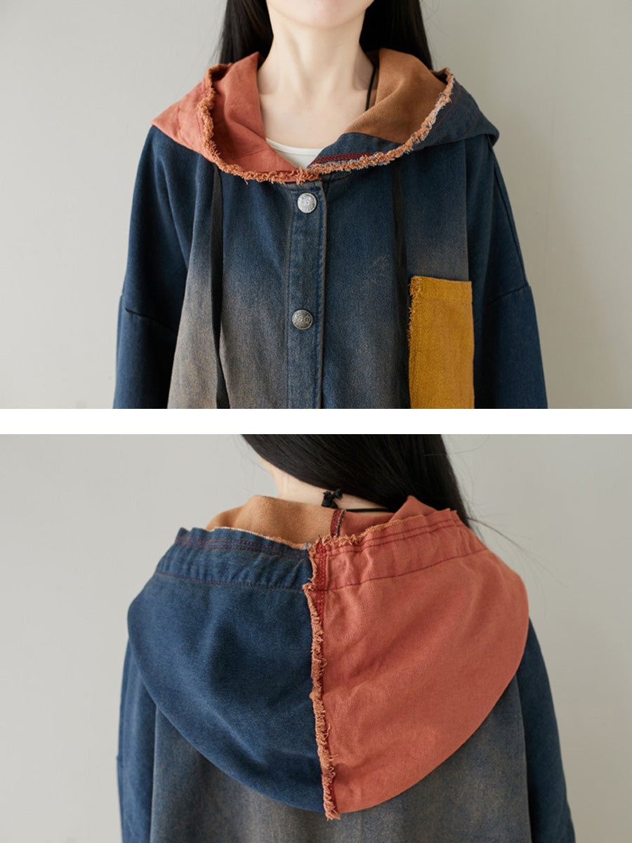 Women Autumn Artsy Colorblock Denim Hooded Coat AH1031