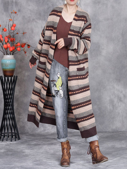 Women Autumn Lazy Stripe Knitted Cardigan Coat AH1051