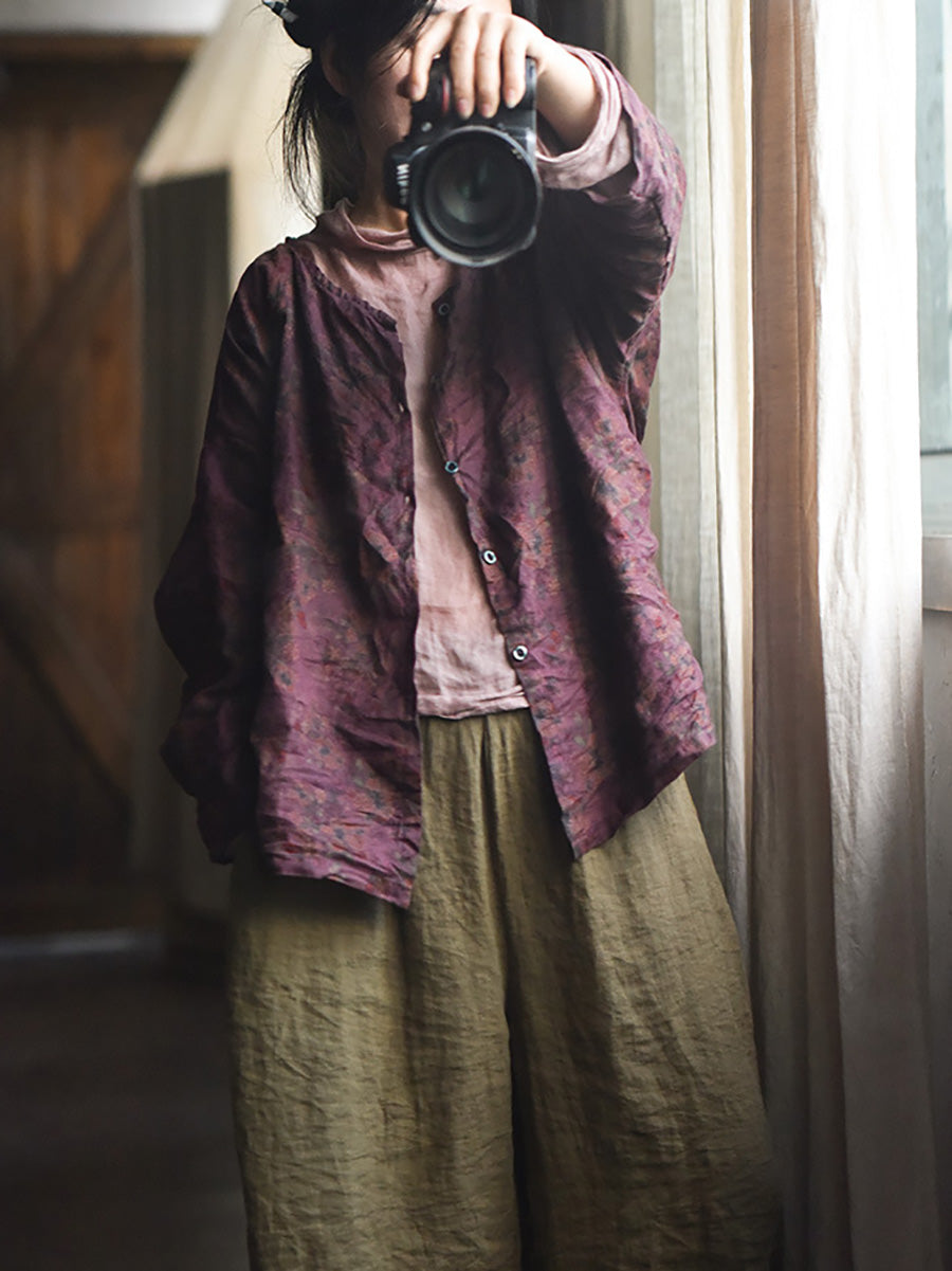 Chemise boutonnée en lin à imprimé floral vintage pour femme AH1014