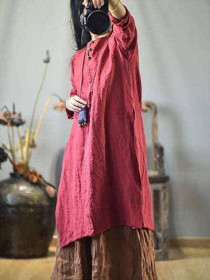 Robe en lin à col rond et boucle pour femme, style vintage, couleur unie, automne, AH1017 