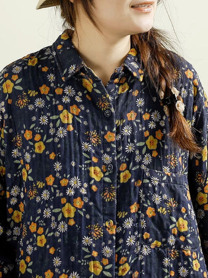 Damen Vintage Herbst Blumen Button-up Dünner Baumwollmantel AK1014 