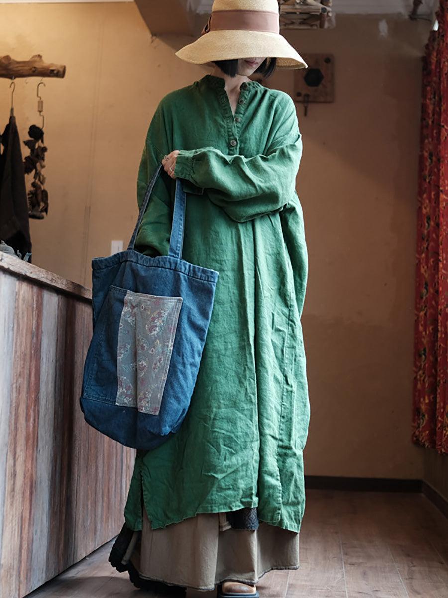 Women Autumn Vintage Green O-Neck Linen Robe Dress AH1005