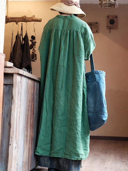 Women Autumn Vintage Green O-Neck Linen Robe Dress AH1005