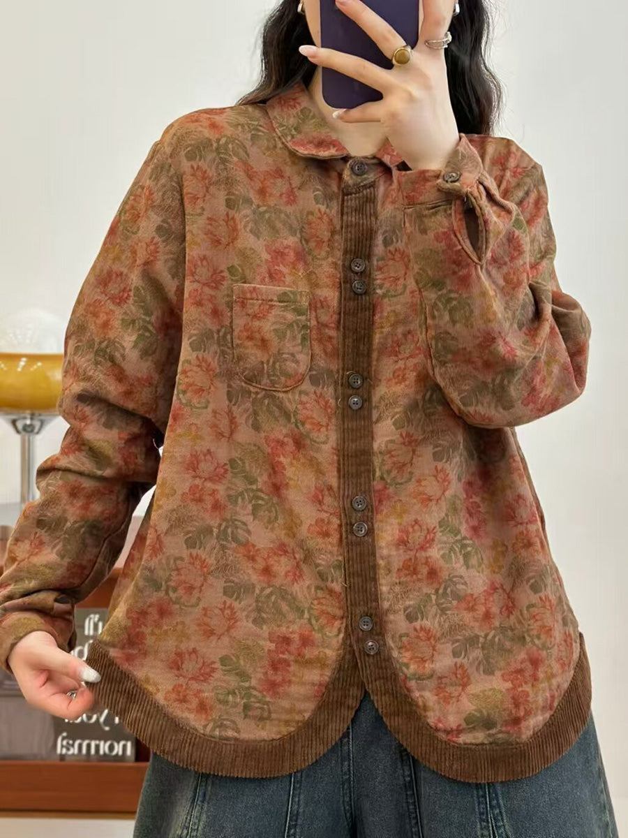 Women Autumn Flower Corduroy Spliced Button-up Shirt AK1013