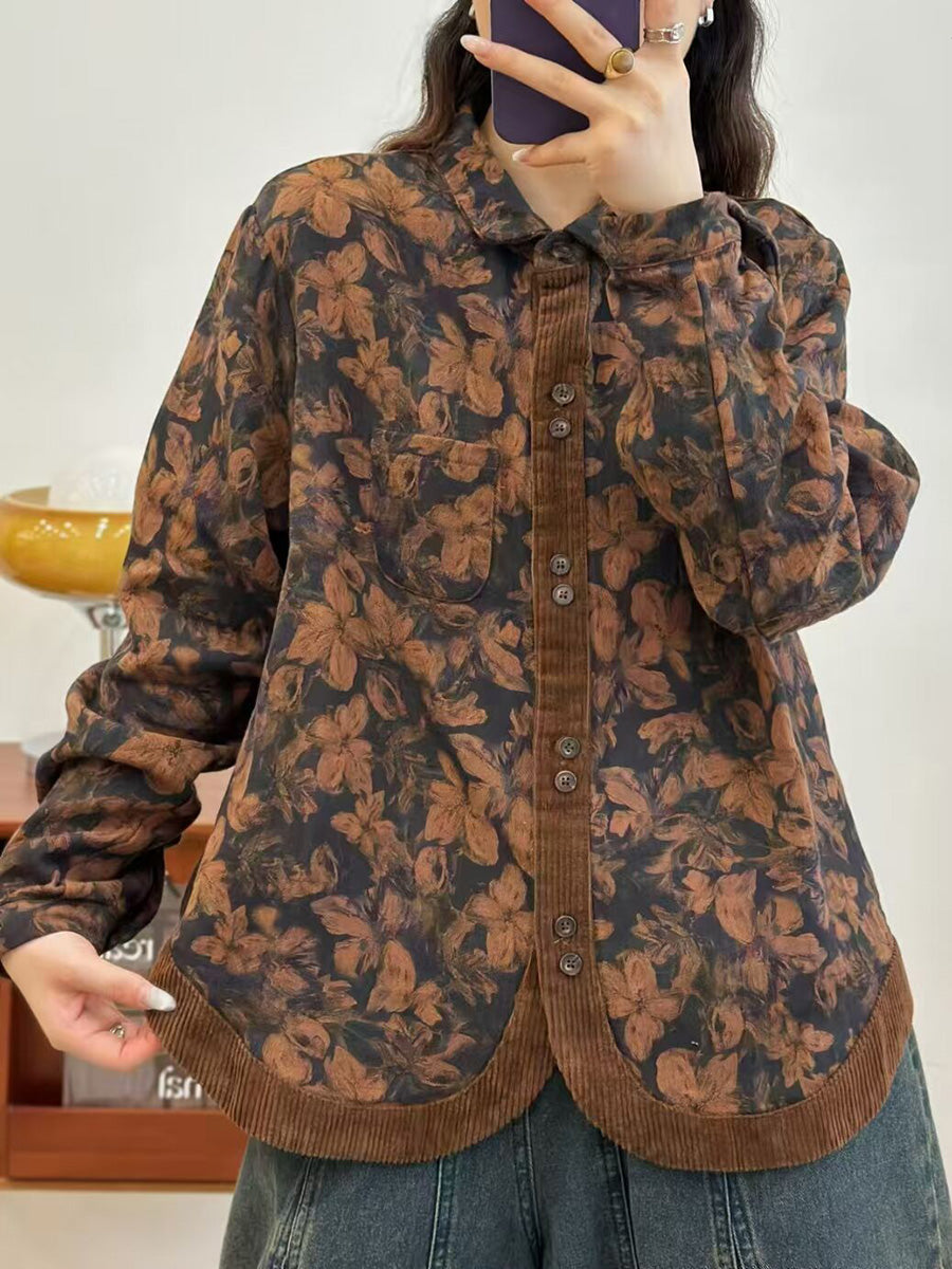 Women Autumn Flower Corduroy Spliced Button-up Shirt AK1013