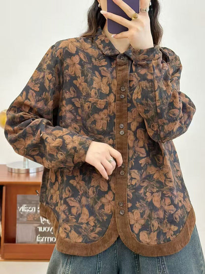 Women Autumn Flower Corduroy Spliced Button-up Shirt AK1013