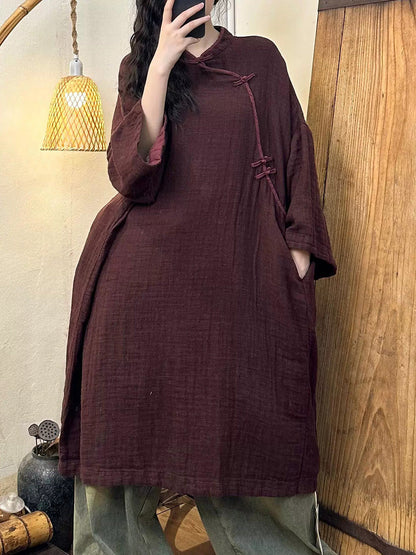 Damen Vintage Herbst Festes Leinen Baumwoll Robe Kleid AH1016 