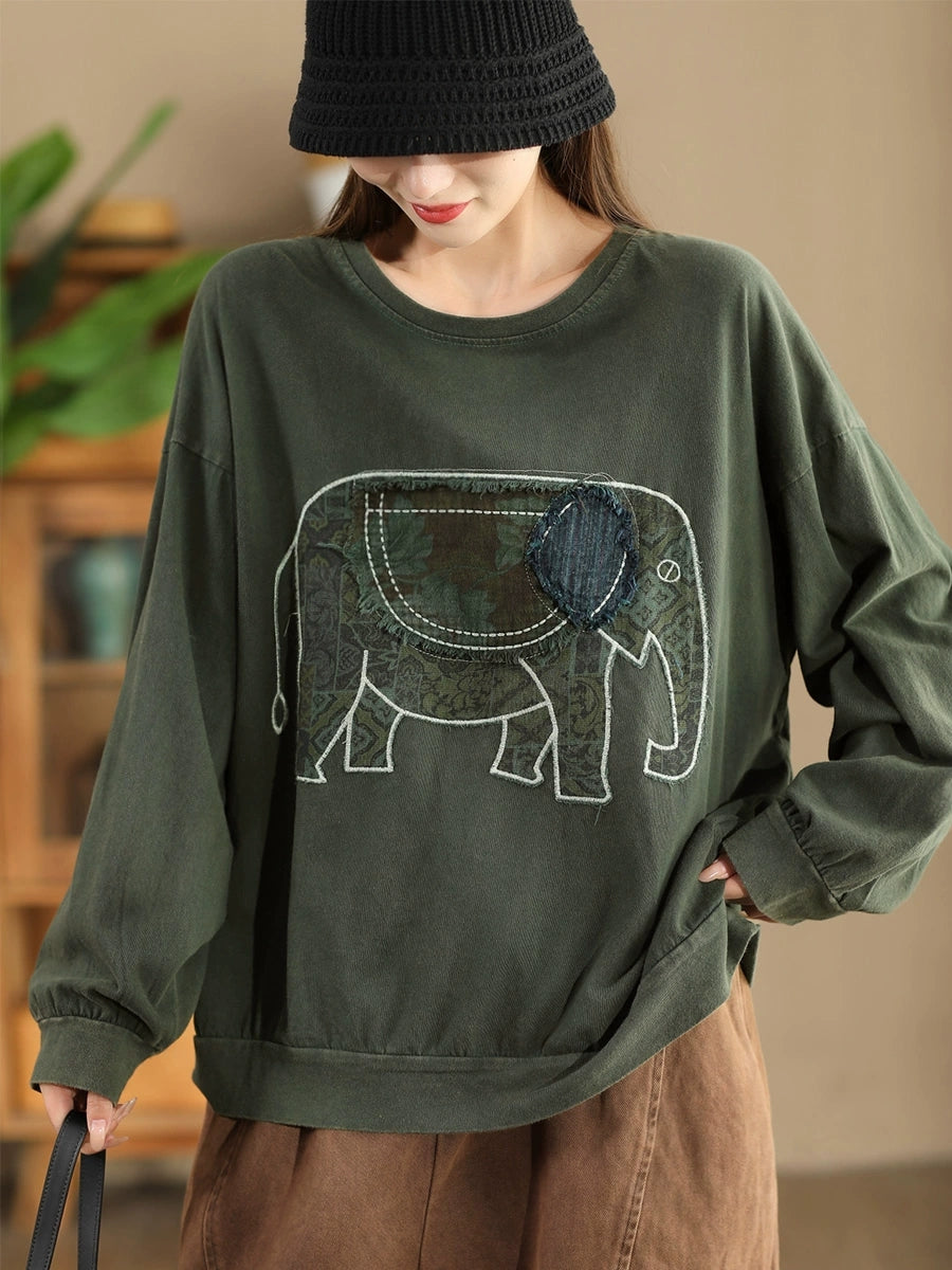 Damen Herbst Casual Patch Elefant O-Ausschnitt Baumwoll Sweatshirt AK1017 