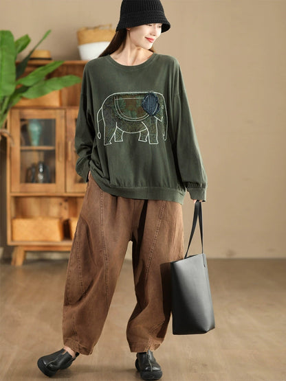 Women Autumn Casual Patch Elephant O-Neck Cotton Sweatshirt AK1017