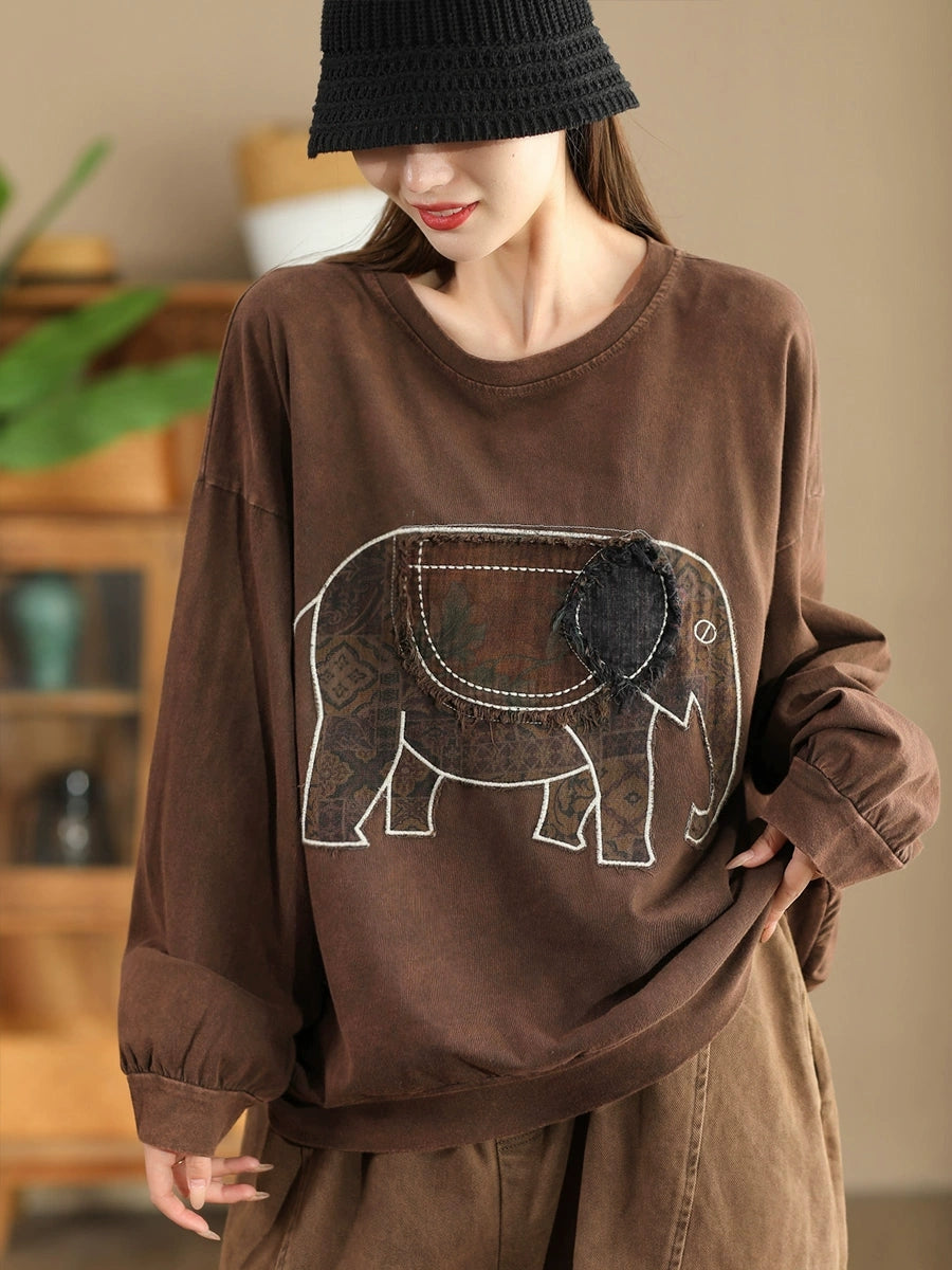 Damen Herbst Casual Patch Elefant O-Ausschnitt Baumwoll Sweatshirt AK1017 