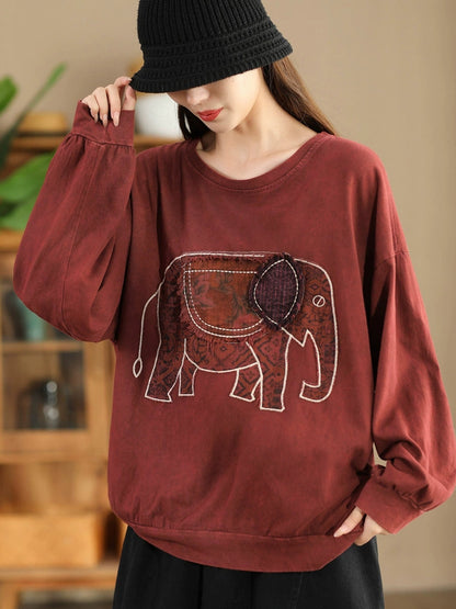 Damen Herbst Casual Patch Elefant O-Ausschnitt Baumwoll Sweatshirt AK1017 