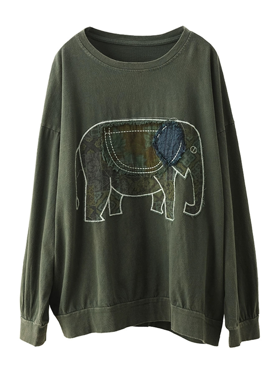 Women Autumn Casual Patch Elephant O-Neck Cotton Sweatshirt AK1017