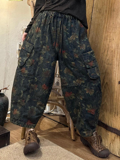 Pantalon sarouel épissé en denim à fleurs rétro pour femme AK1019 