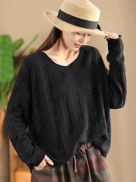 Pull en tricot à col en V en coton pour femme, style artistique, pour l'automne, AK1026 