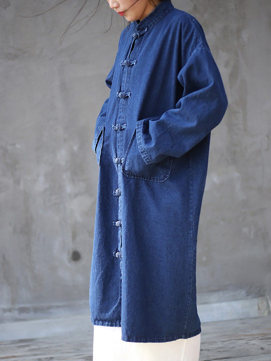 Women Autumn Casual Solid Pocket Denim Robe Coat AK1032