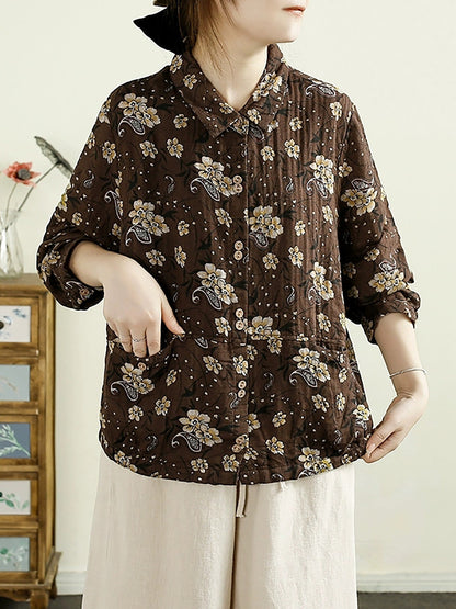 Women Autumn Artsy Flower Cotton Shirt Coat AK1038