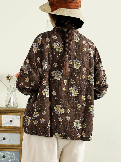 Women Autumn Artsy Flower Cotton Shirt Coat AK1038