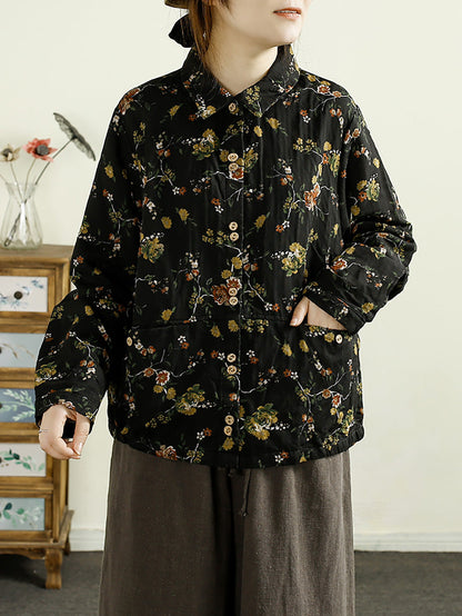 Women Autumn Artsy Flower Cotton Shirt Coat AK1038