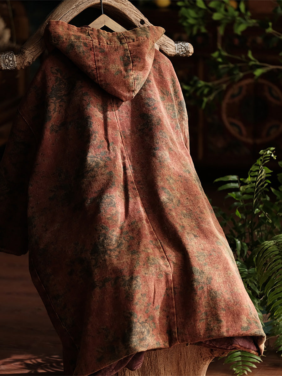 Women Winter Vintage Flower Cotton Hooded Coat AX1019