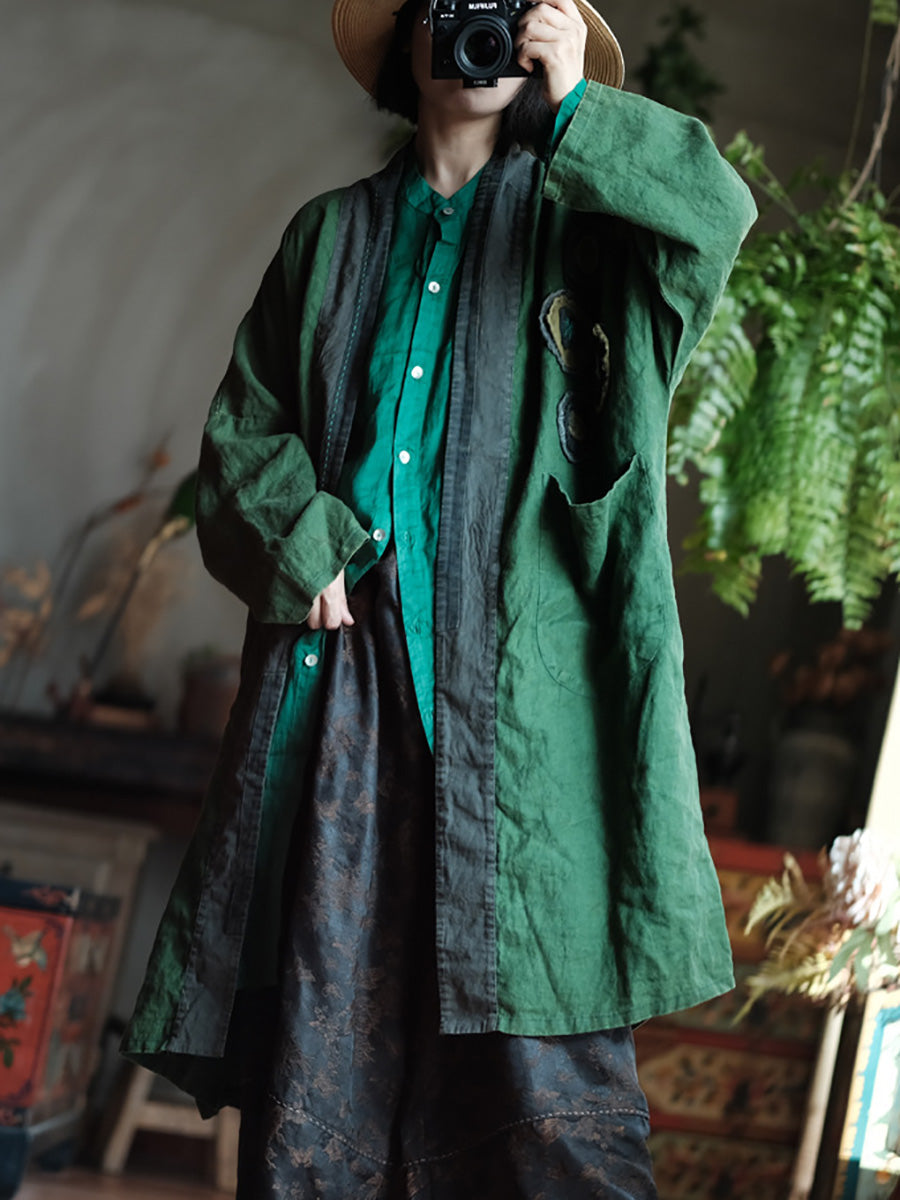 Women Vintage Autumn Patch Spliced Long Linen Coat AX1013