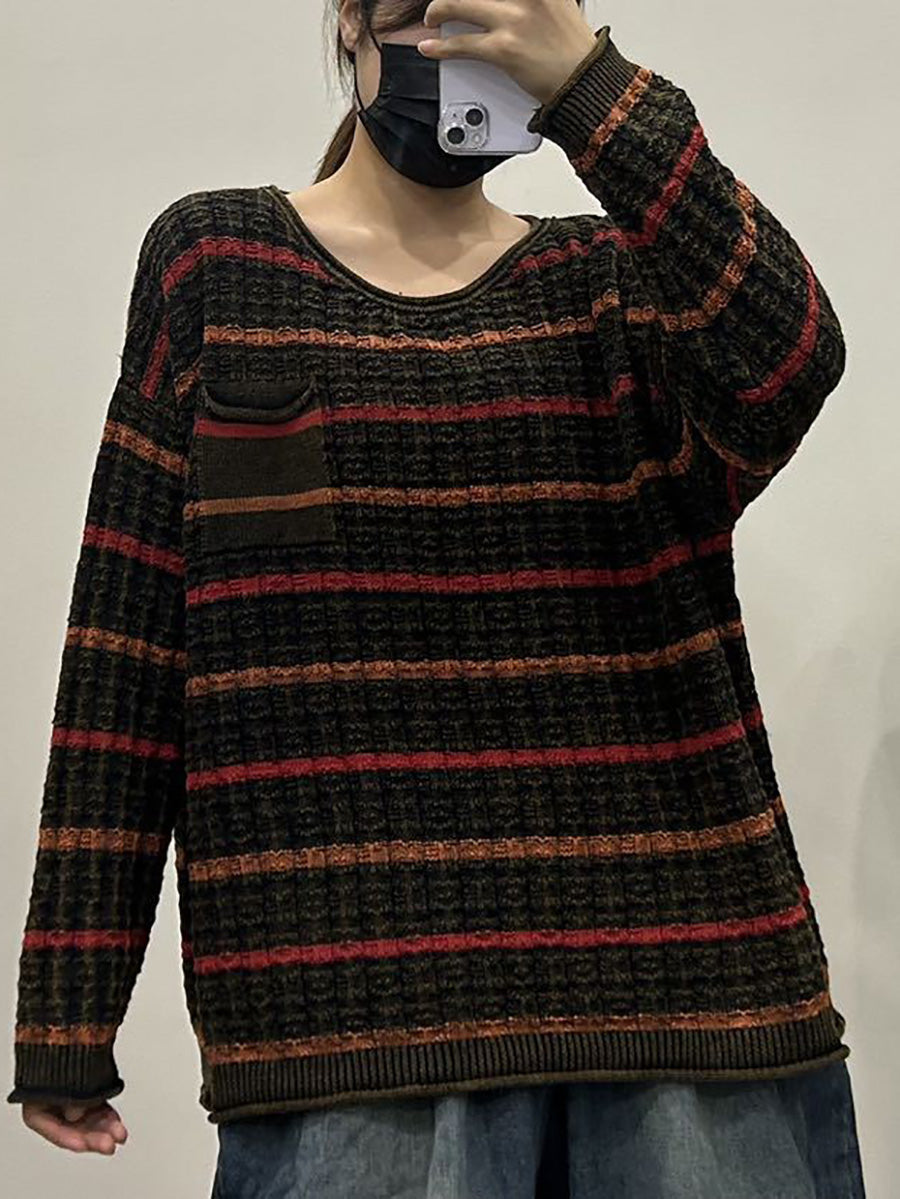 Lässiger Herbst-Strickpullover mit O-Ausschnitt und Streifen für Damen AX1005 