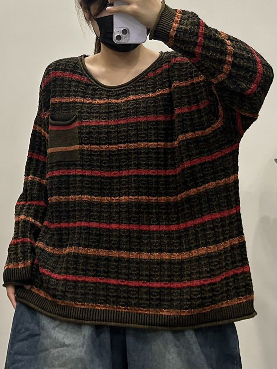 Lässiger Herbst-Strickpullover mit O-Ausschnitt und Streifen für Damen AX1005 