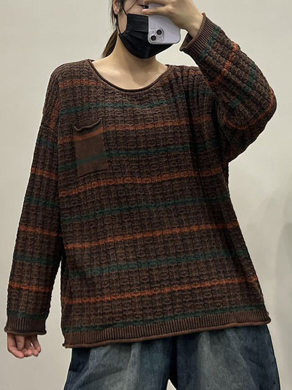 Lässiger Herbst-Strickpullover mit O-Ausschnitt und Streifen für Damen AX1005 