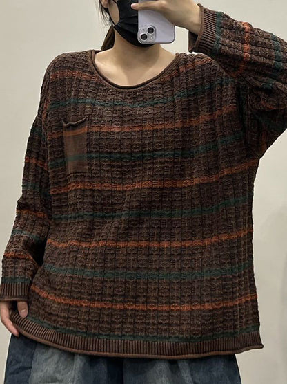 Lässiger Herbst-Strickpullover mit O-Ausschnitt und Streifen für Damen AX1005 