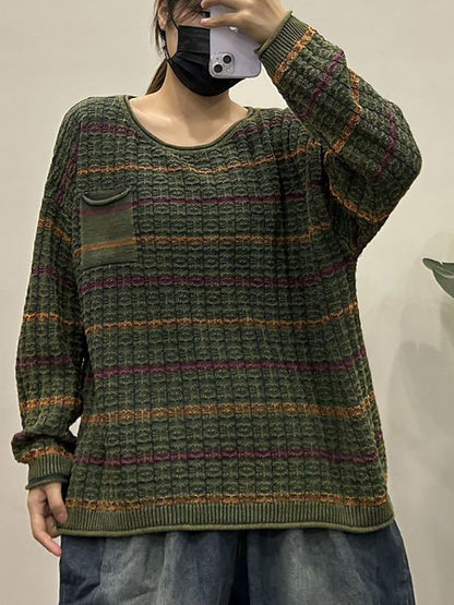 Lässiger Herbst-Strickpullover mit O-Ausschnitt und Streifen für Damen AX1005 