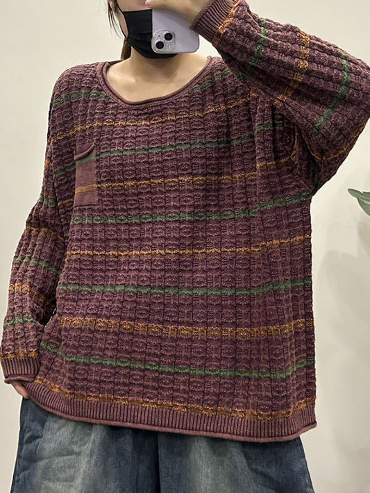 Lässiger Herbst-Strickpullover mit O-Ausschnitt und Streifen für Damen AX1005 