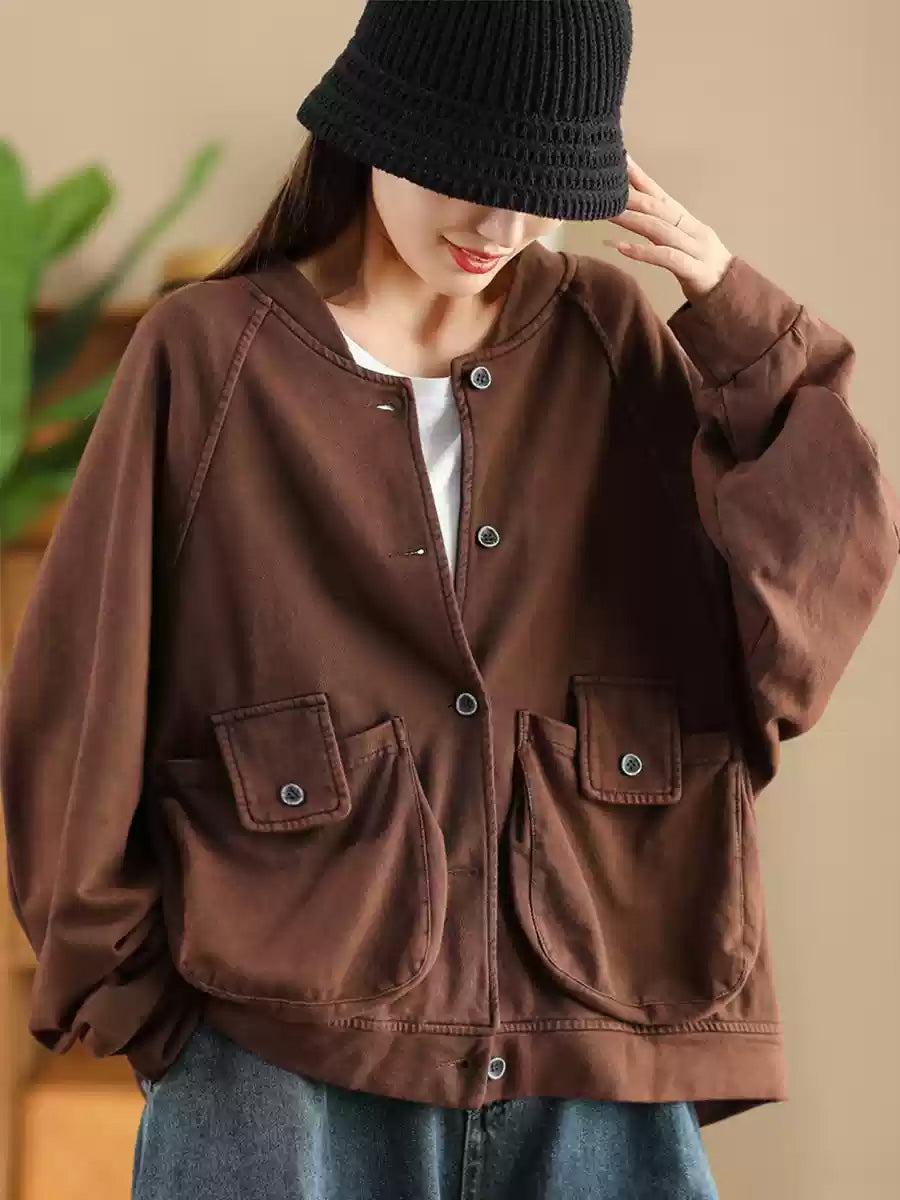 Women Retro Pure Color Stand Collar Pocket Cotton Coat AX1008