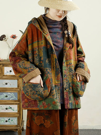 Women Autumn Vintage Flower Patchwork Cotton Hooded Coat AX1025