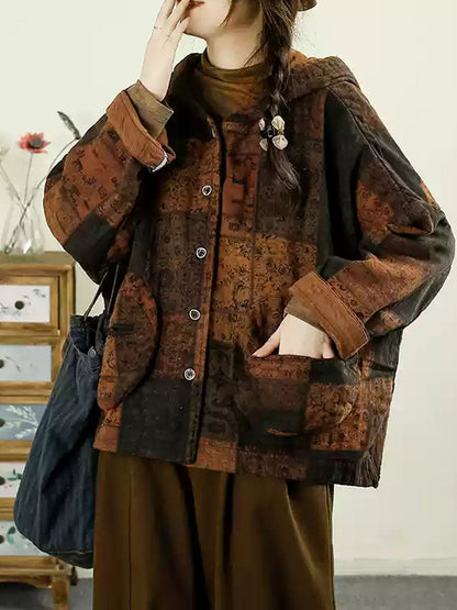 Manteau à capuche en coton patchwork de fleurs vintage pour femme, automne AX1025 